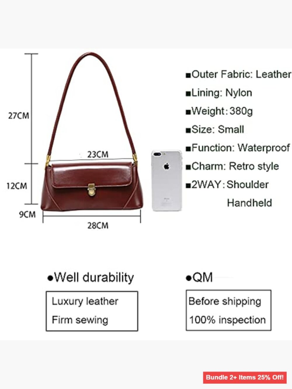 Small Leather Hobo Shoulder Bag with Buckle Closure Mini Tote Purse - Picture 4 of 7